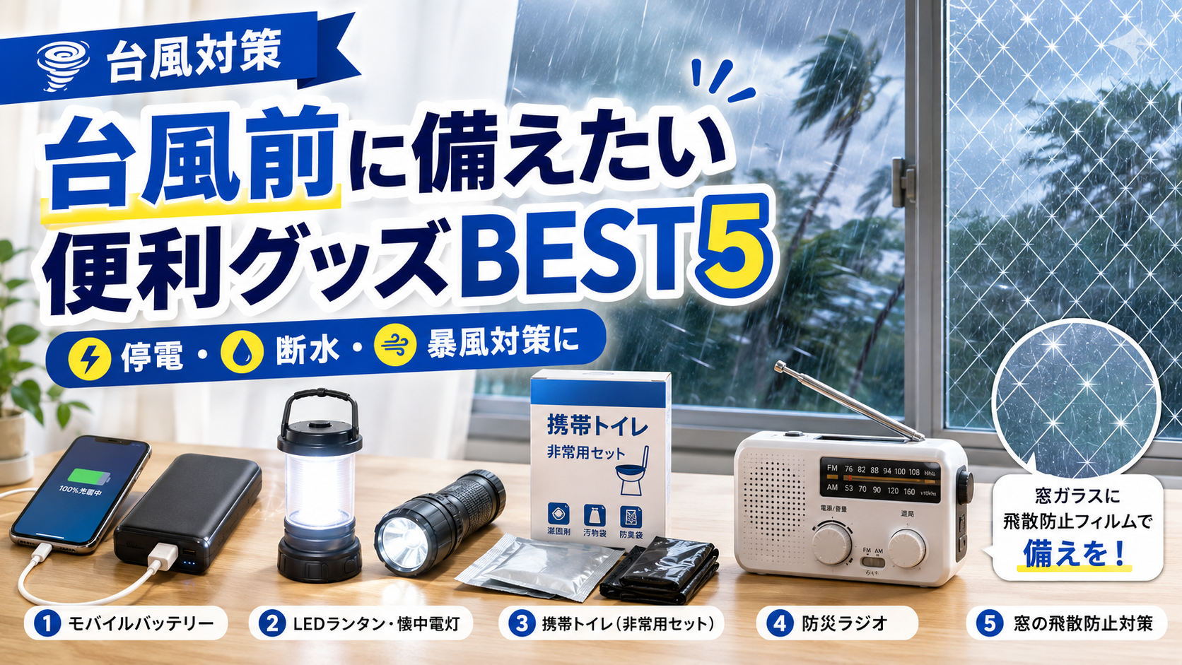 【2026年】台風前に備えたい便利グッズBEST5！停電・断水対策に役立つ防災アイテム。ブログ用アイキャッチ画像