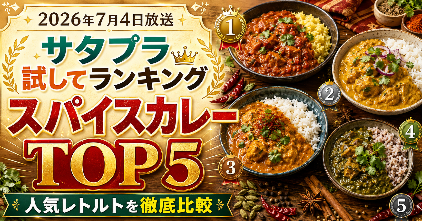 【サタプラ】スパイスカレーランキングTOP5！ひたすら試して徹底比較。ブログ用アイキャッチ画像
