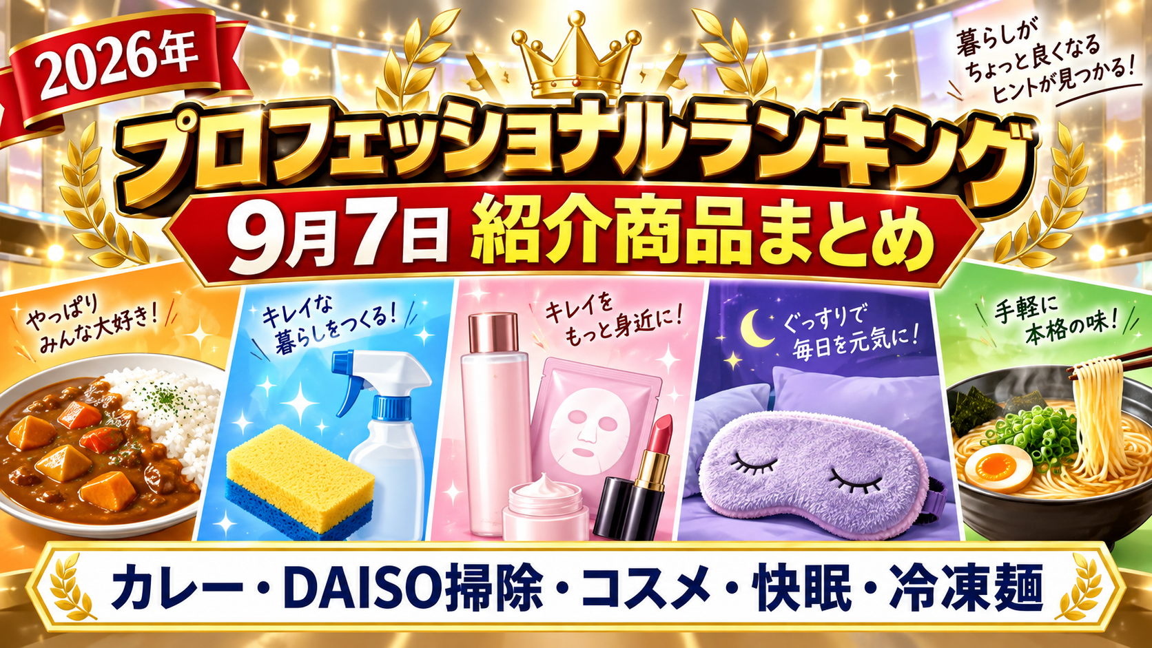 プロフェッショナルランキング9月7日紹介商品まとめ｜カレー・コスメ・快眠グッズ【2026年】。ブログ用アイキャッチ画像