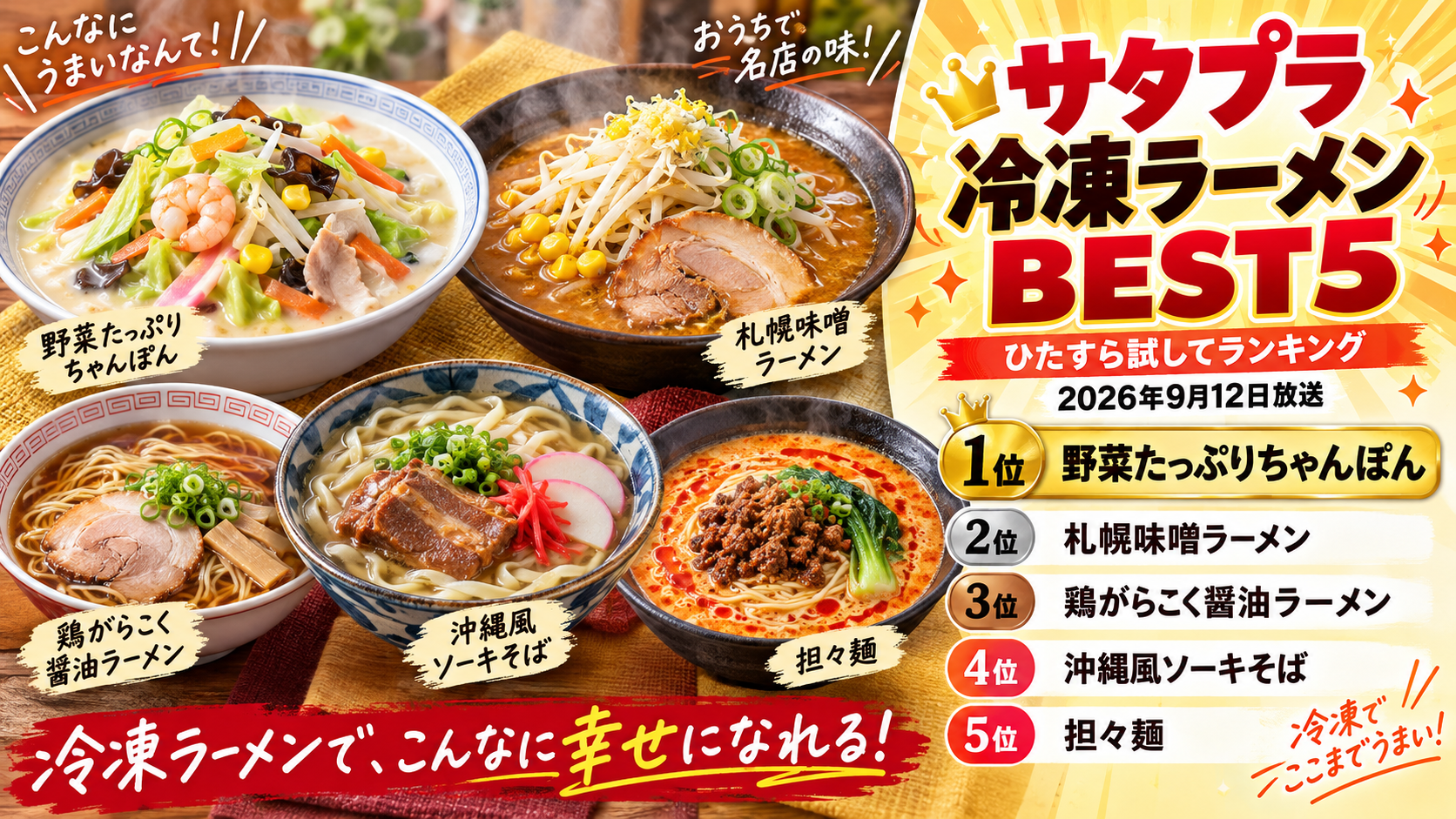 サタプラ冷凍ラーメンランキングBEST5｜ひたすら試してランキング。ブログ記事用アイキャッチ画像